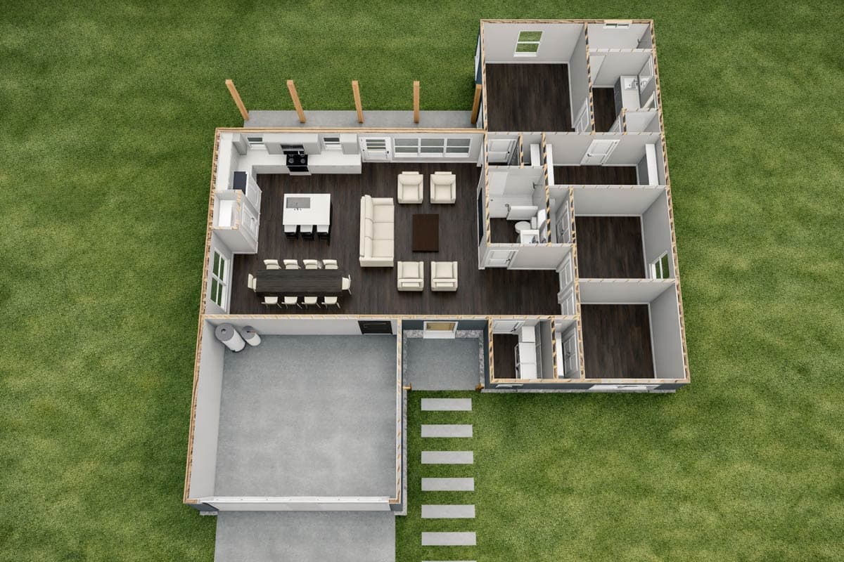 Architectural house plan showing an open layout with kitchen island, dining area, living room, and attached garage.