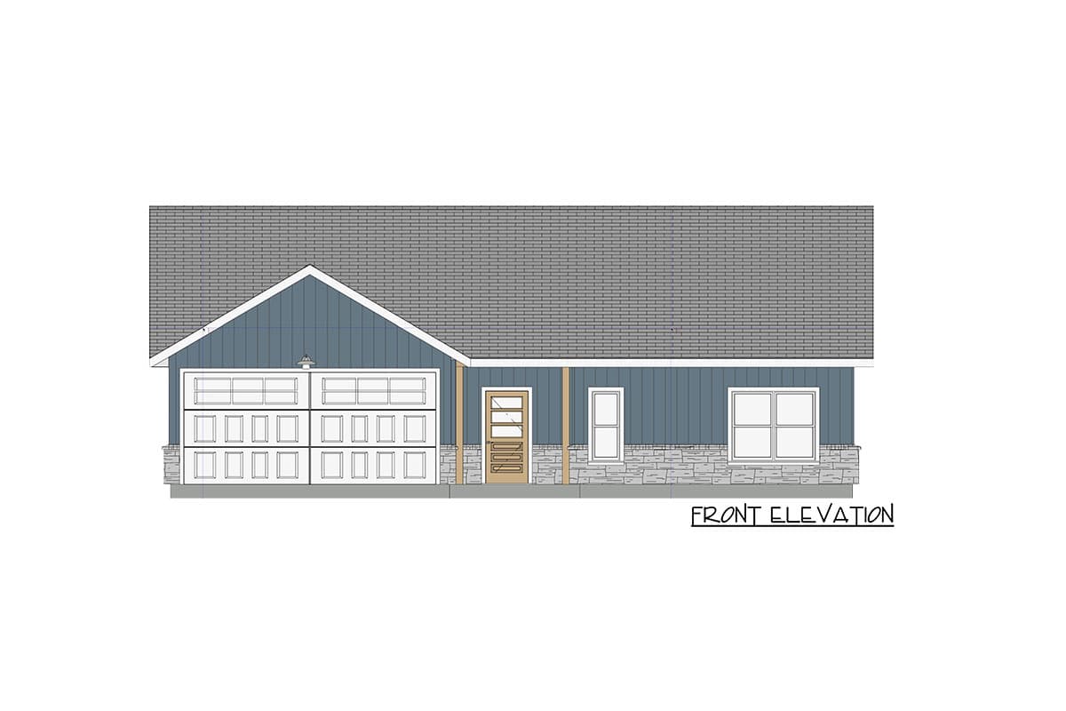 Front elevation of a ranch-style house plan with a four-car garage, gabled roof, porch, and stone foundation.