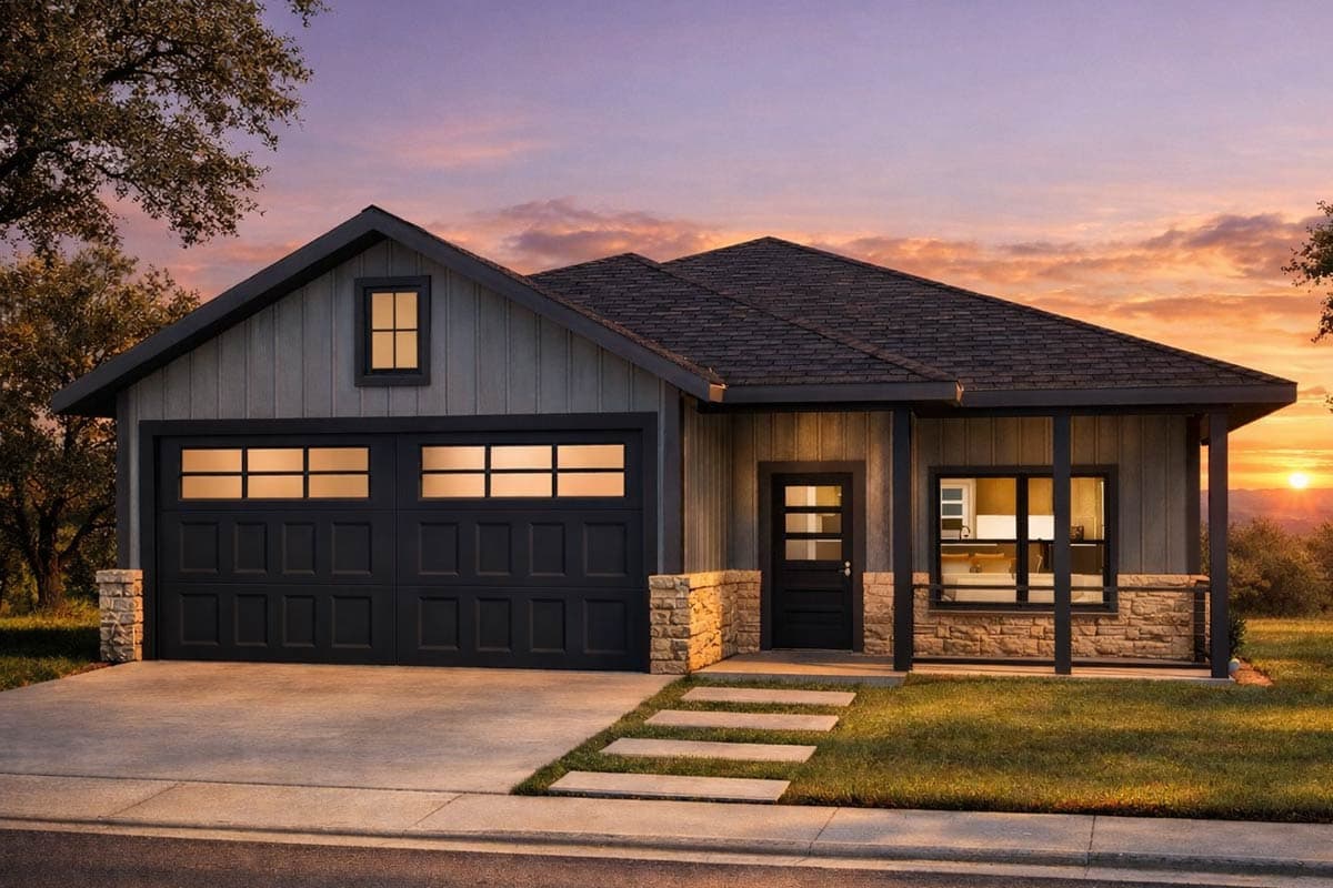 Modern Farmhouse house plan exterior with a side-entry garage, stone accents, and a covered entry porch.
