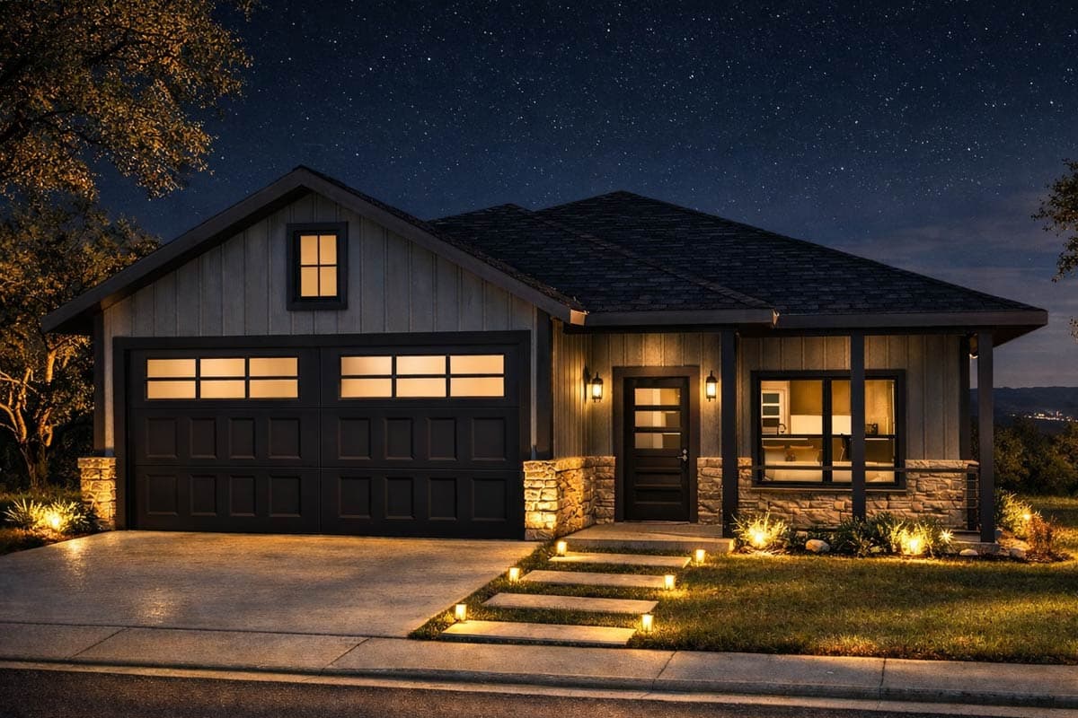 Modern house plan exterior with a prominent gabled roof, stone accents, dual garage doors, and a covered entry with glass-paneled door.