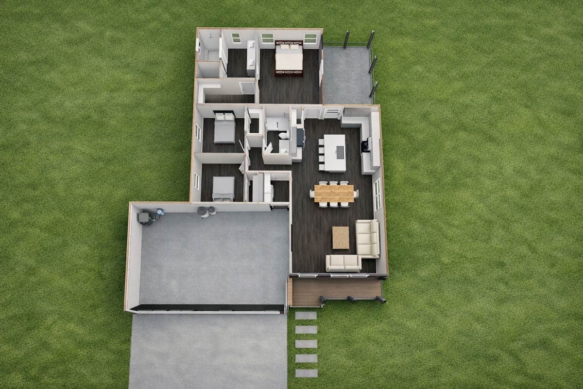 Architectural floor plan showing a 3-bedroom house with an attached garage, large kitchen island, and open living area.