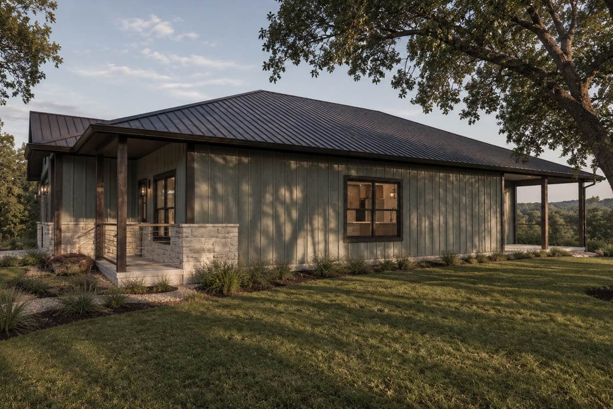 Modern Farmhouse house plan exterior with a side-entry garage, stone accents, and a covered entry porch.