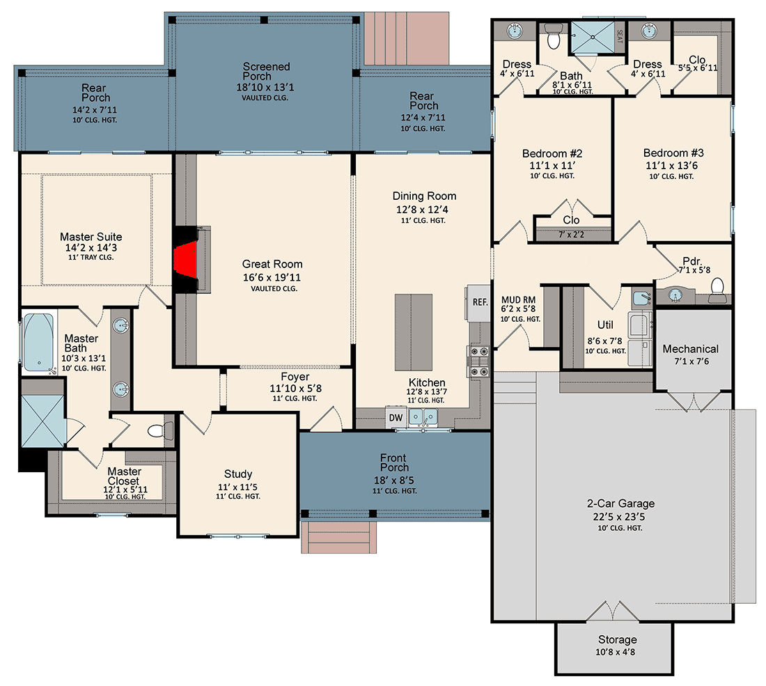 Plan 510220WDY: Country Ranch Home Plan with Decorative Shed Dormer and Brackets - Floor Plan - Main Level - Country, Farmhouse, Modern Farmhouse, New American, Ranch
