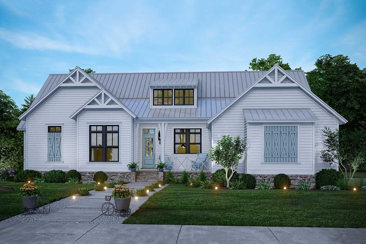 Modern Farmhouse house plan exterior with metal roof, gables, dormer, and stone foundation.