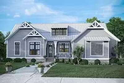 Country Ranch Home Plan with Decorative Shed Dormer and Brackets