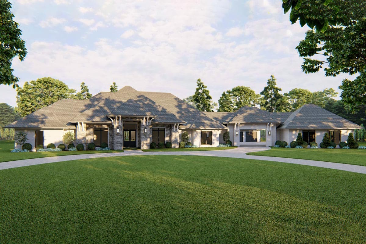 House plan exterior. Single-story with gabled roof, stone accents, and front entry porch. Attached garage to the side.