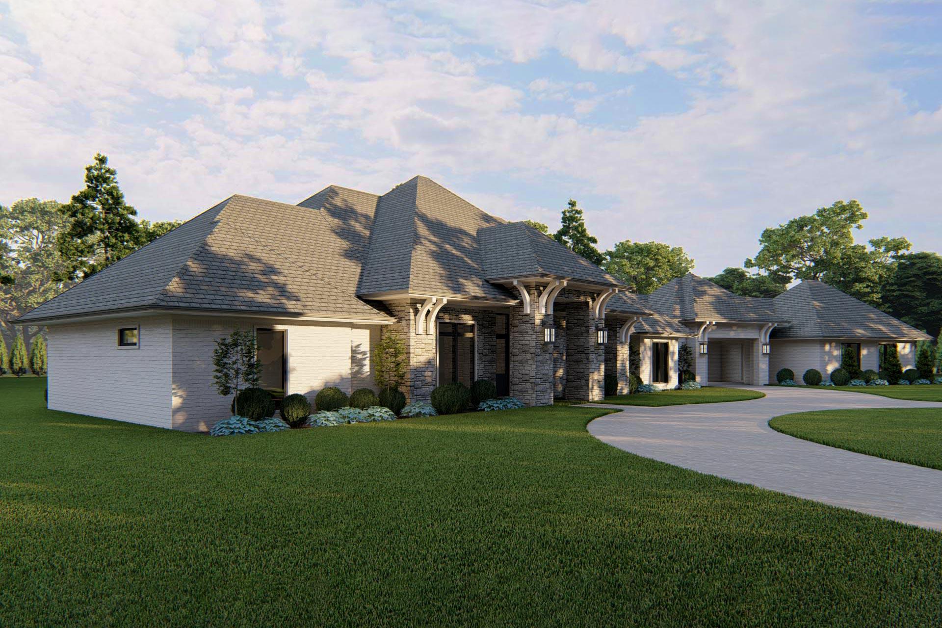 House plan exterior featuring stone accents, gabled rooflines, and a porte-cochere leading to a three-car garage.