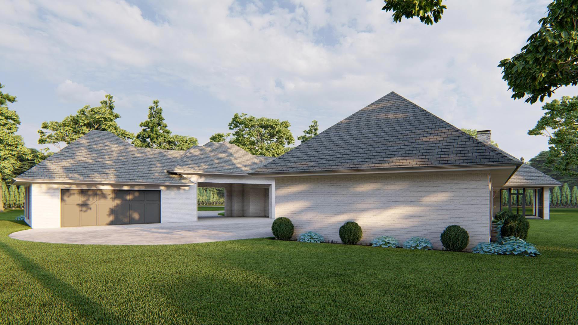 House plan exterior with a three-car garage, porte-cochère, and varied gabled rooflines.