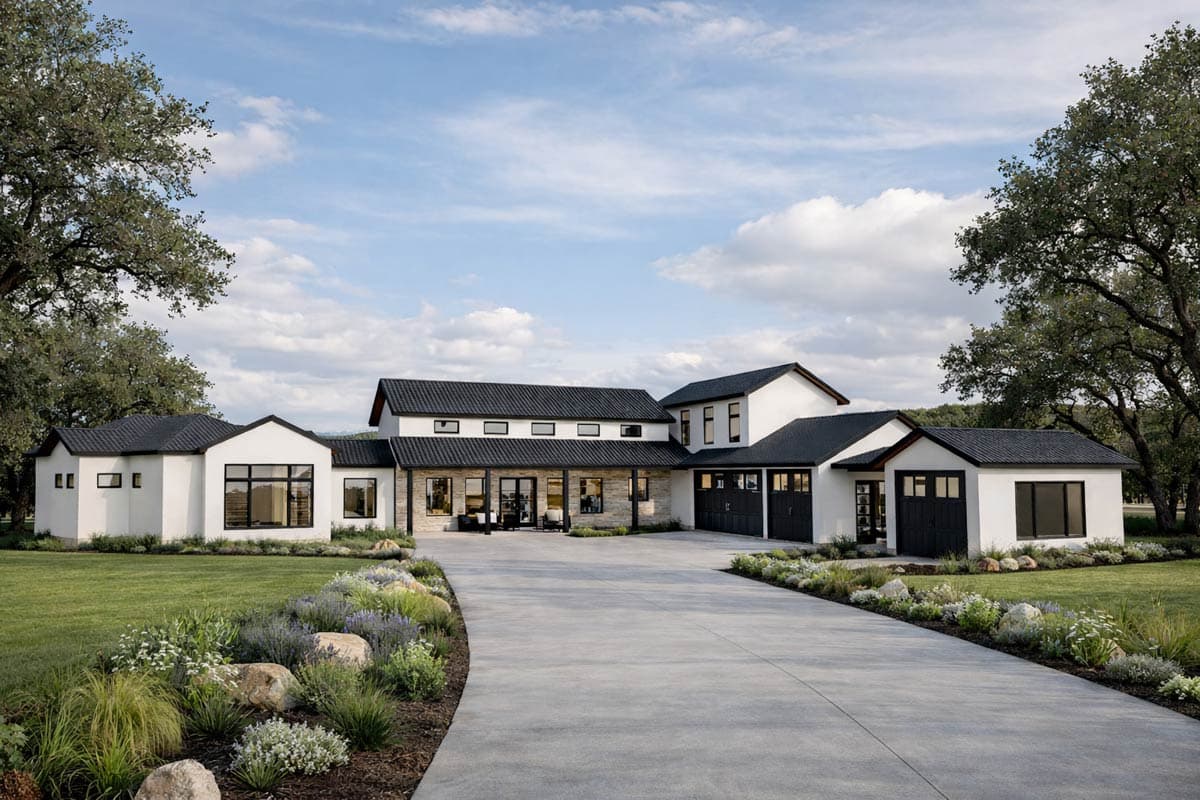 House plan exterior: Modern style, two stories, featuring a central covered porch with stone accents and a multi-car garage.