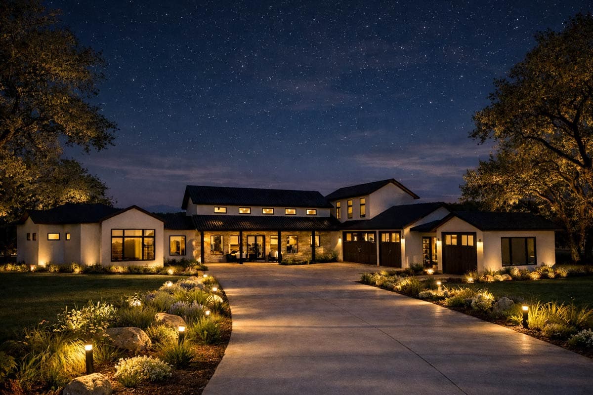 House plan exterior: Two-story Modern Farmhouse with a hip roof, attached three-car garage, and covered entryway.
