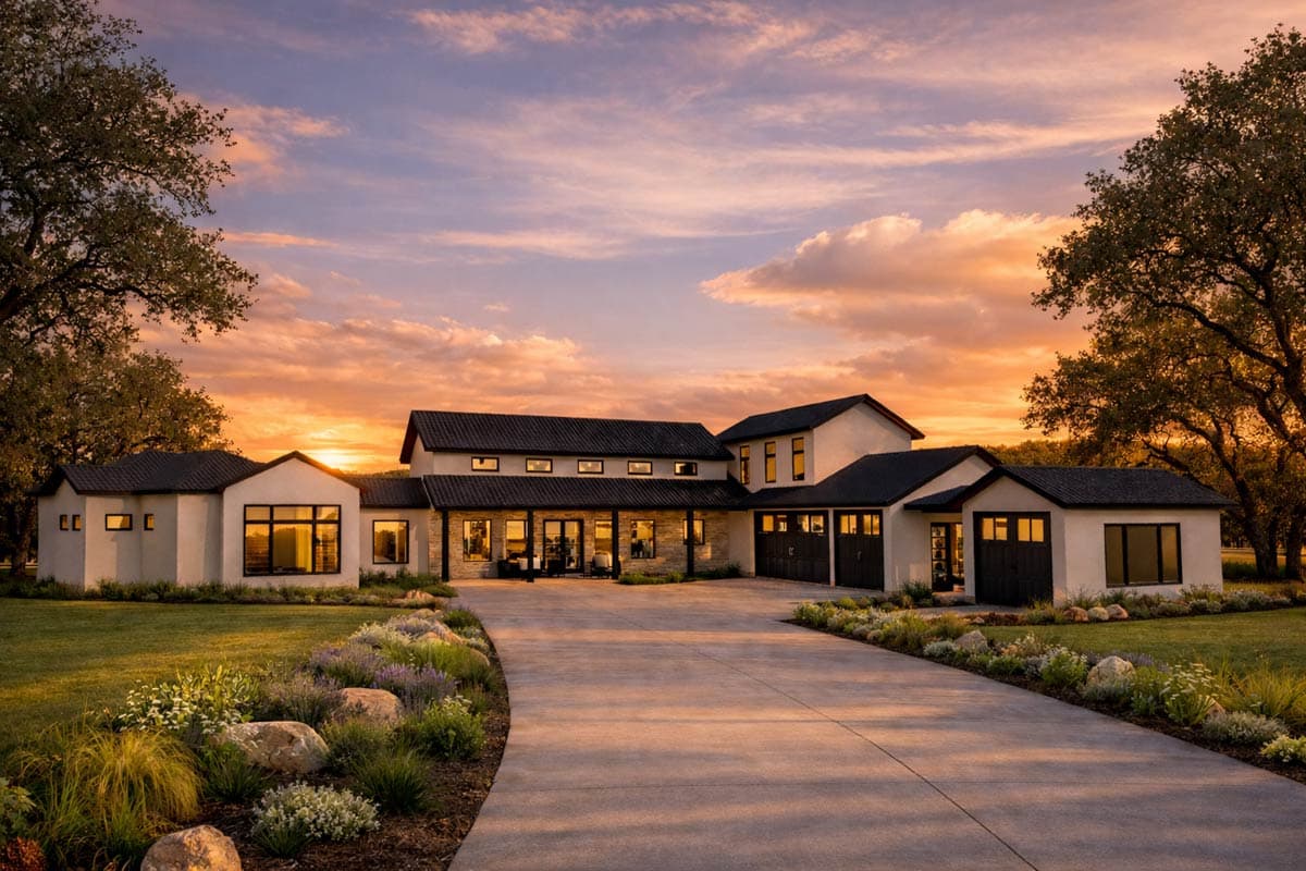 House plan exterior. Two-story, Modern style home with dark roof, attached garage, and large windows.  Long driveway leads to the entrance.