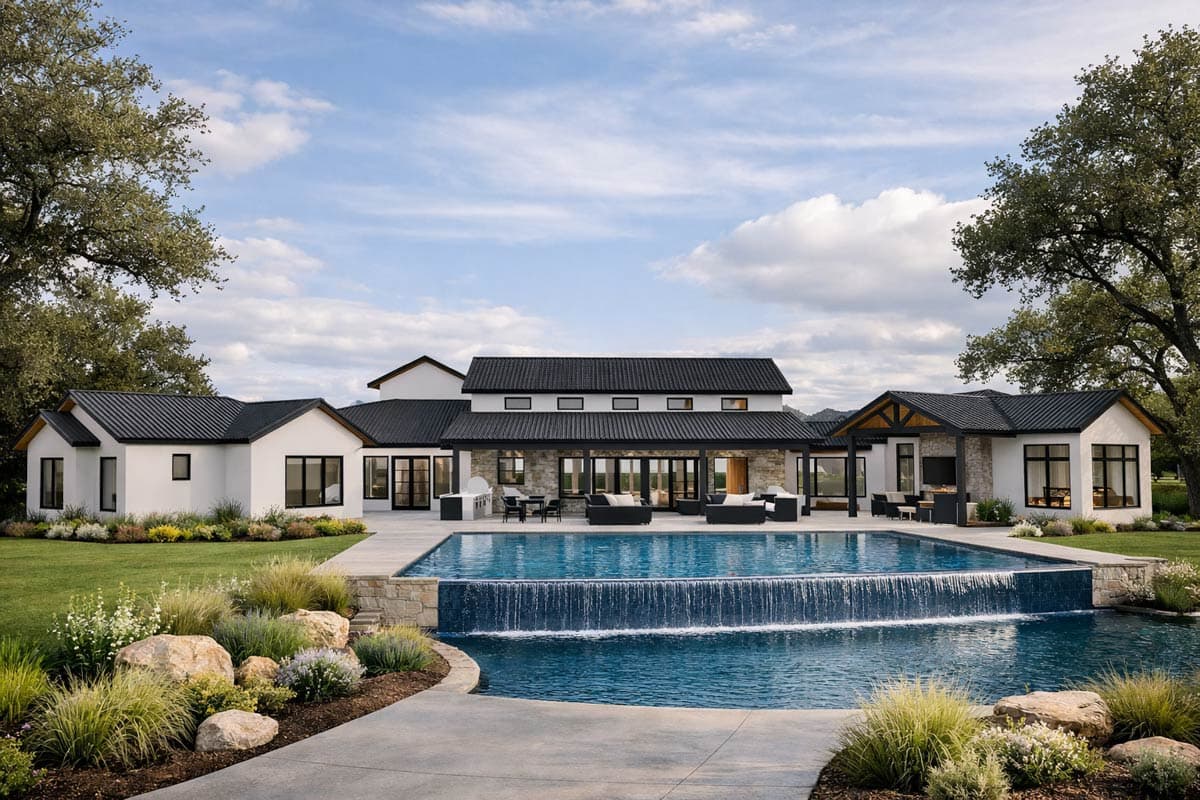 Modern house plan exterior with white stucco walls, black metal roof, large windows, covered patio, and infinity pool.