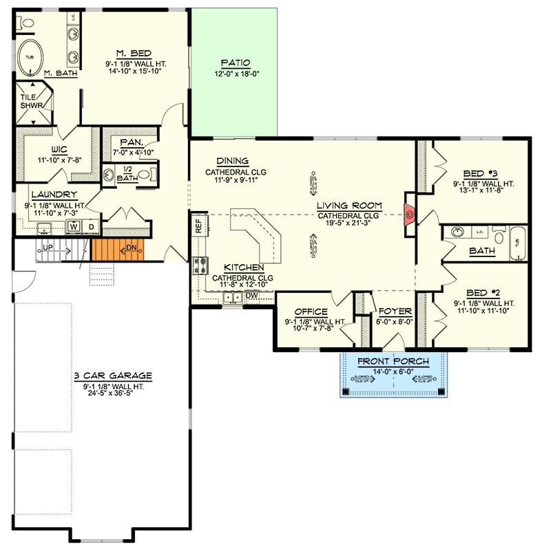Plan 135156GRA: Mountain Ranch Plan with Split-bed Layout and 3-Car Garage - 2166 Sq Ft - Floor Plan - Basement Stairs Location - Country, Mountain, Ranch, Rustic, Traditional