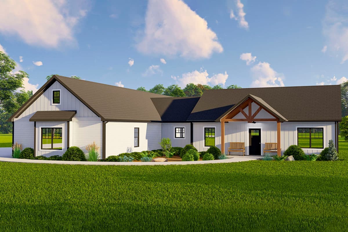House plan exterior. Ranch style with a single story, gable roof, and a covered porch supported by wood beams.
