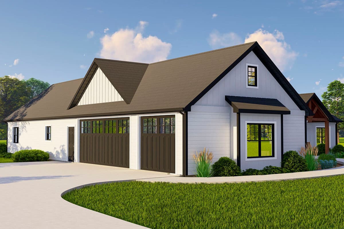 Modern Farmhouse house plan exterior with a side-entry three-car garage, prominent gables, and board-and-batten accents.