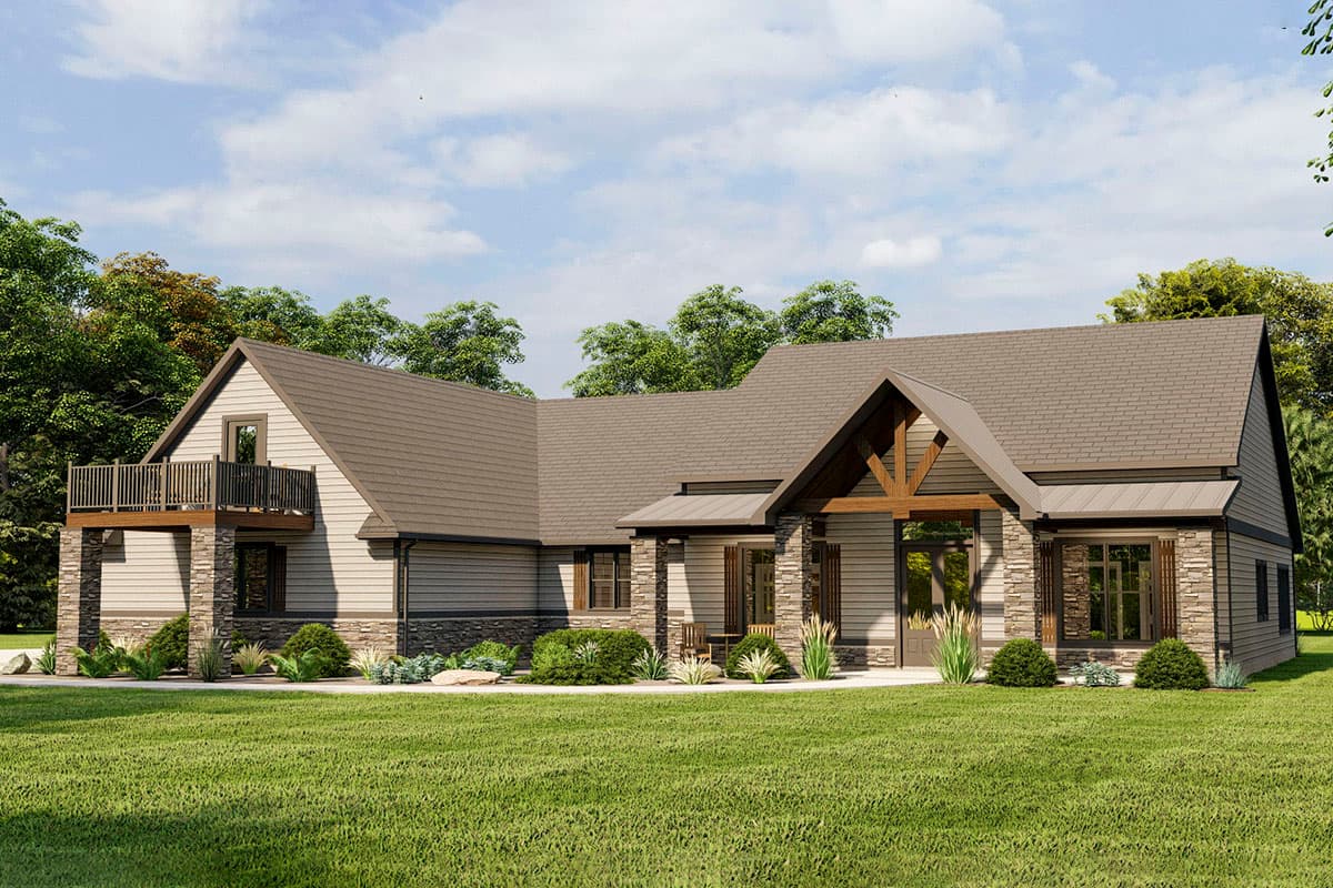 House plan exterior. Ranch style with a stone facade, gable roof, covered porch, and a second story deck with railing.
