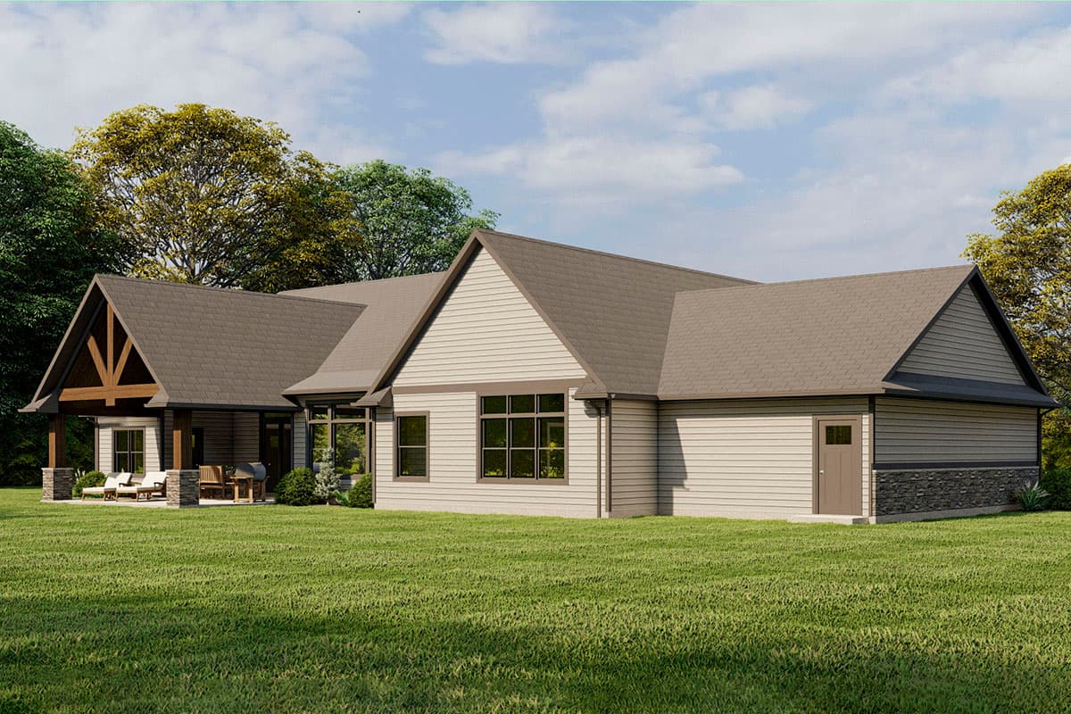 House plan exterior: one-story Modern Farmhouse with gable roof, exposed beams on covered patio, and stone wainscoting.