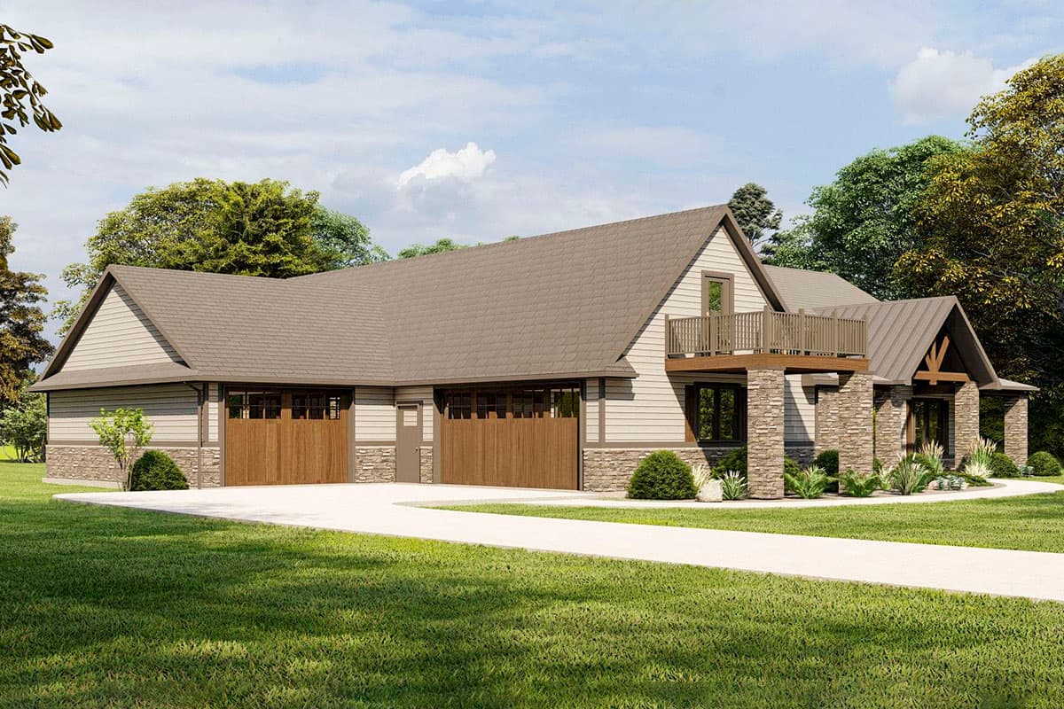 House plan exterior with a three-car garage, gabled dormer, and upper-level balcony supported by stone pillars.