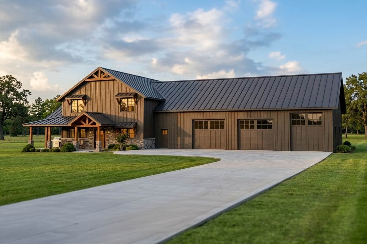 House plan exterior: Modern Farmhouse style, two stories, large covered porch with stone accents, three-car garage.