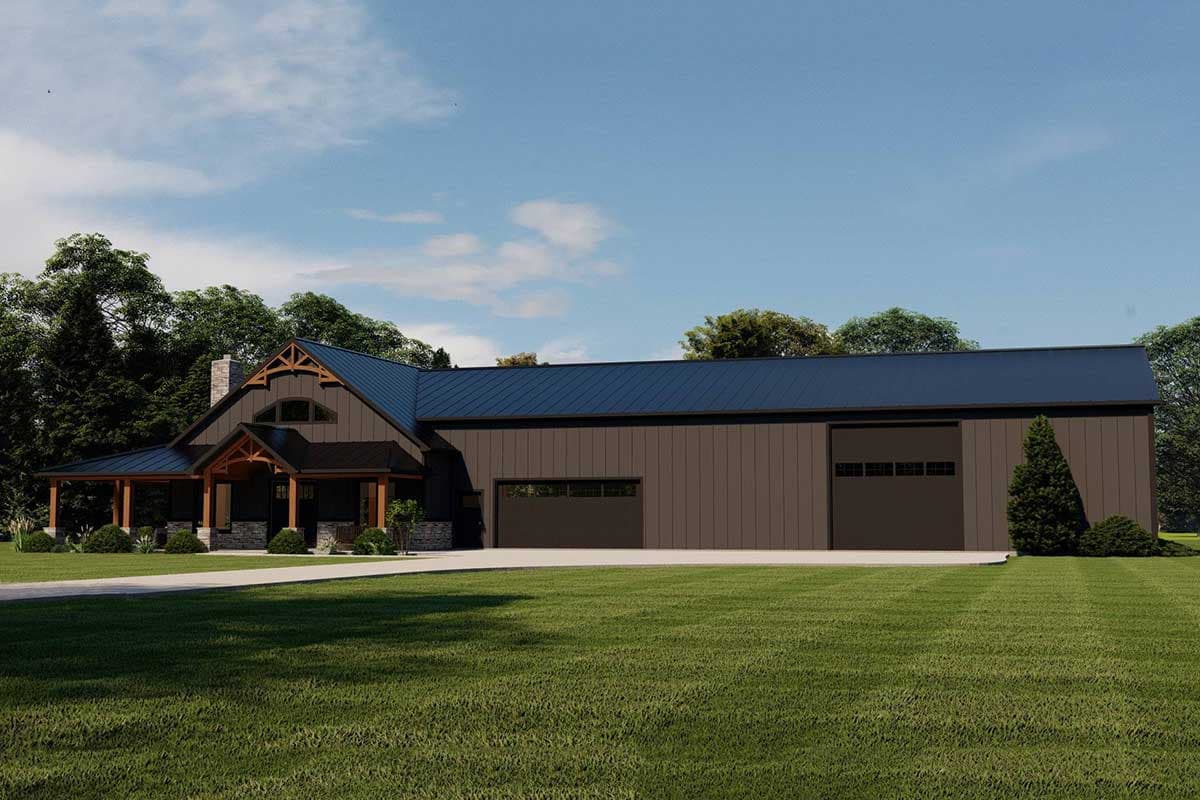 House plan exterior with Craftsman influences. Features include a covered porch, gable roof, and attached garage. Two story. Vertical siding.