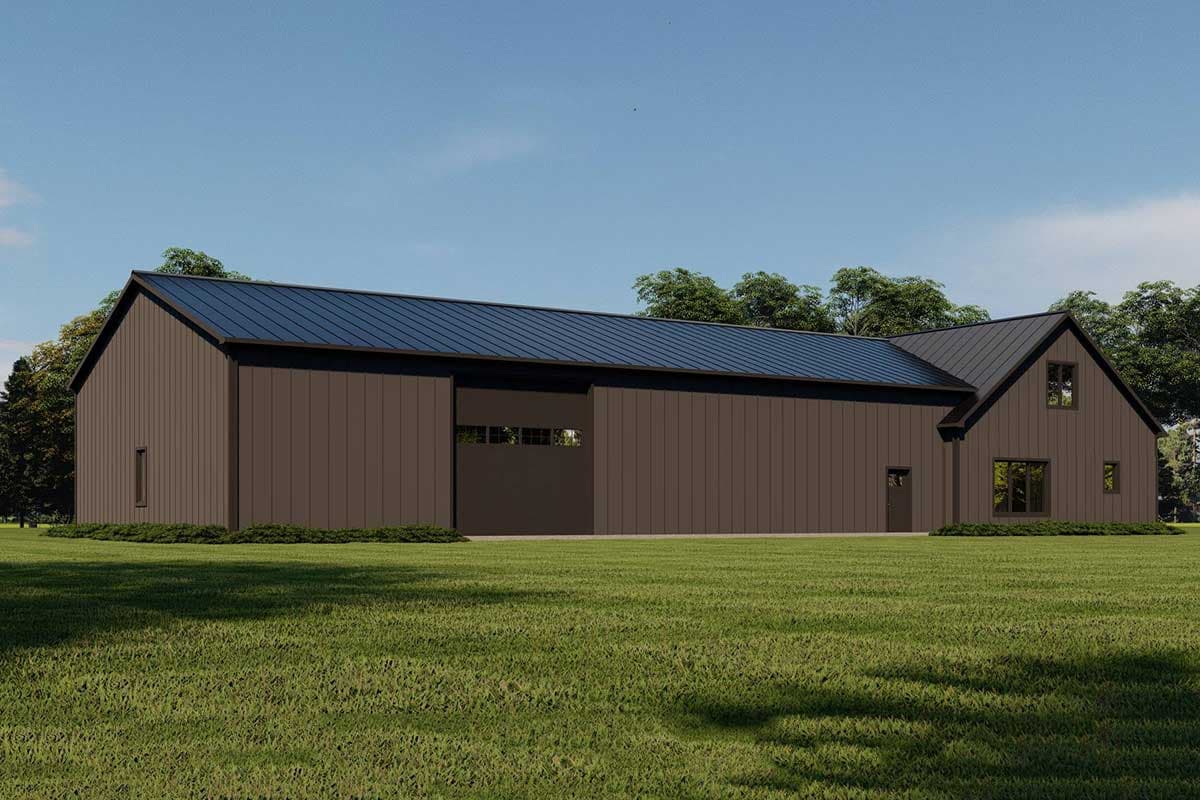 House plan exterior: Tall modern building with vertical siding, a large sliding door, and a gabled section with windows.
