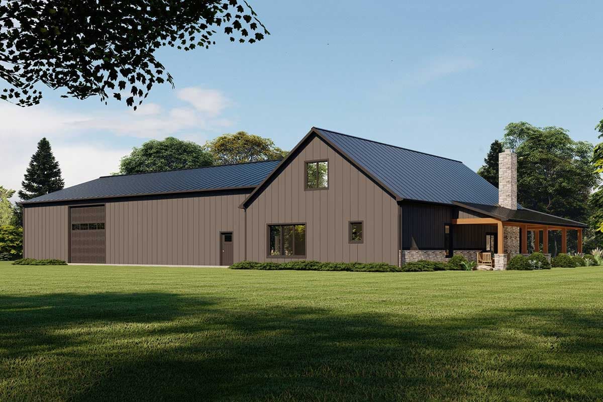 Modern Farmhouse style house plan exterior with metal roof, large garage door, covered porch, and stone chimney.