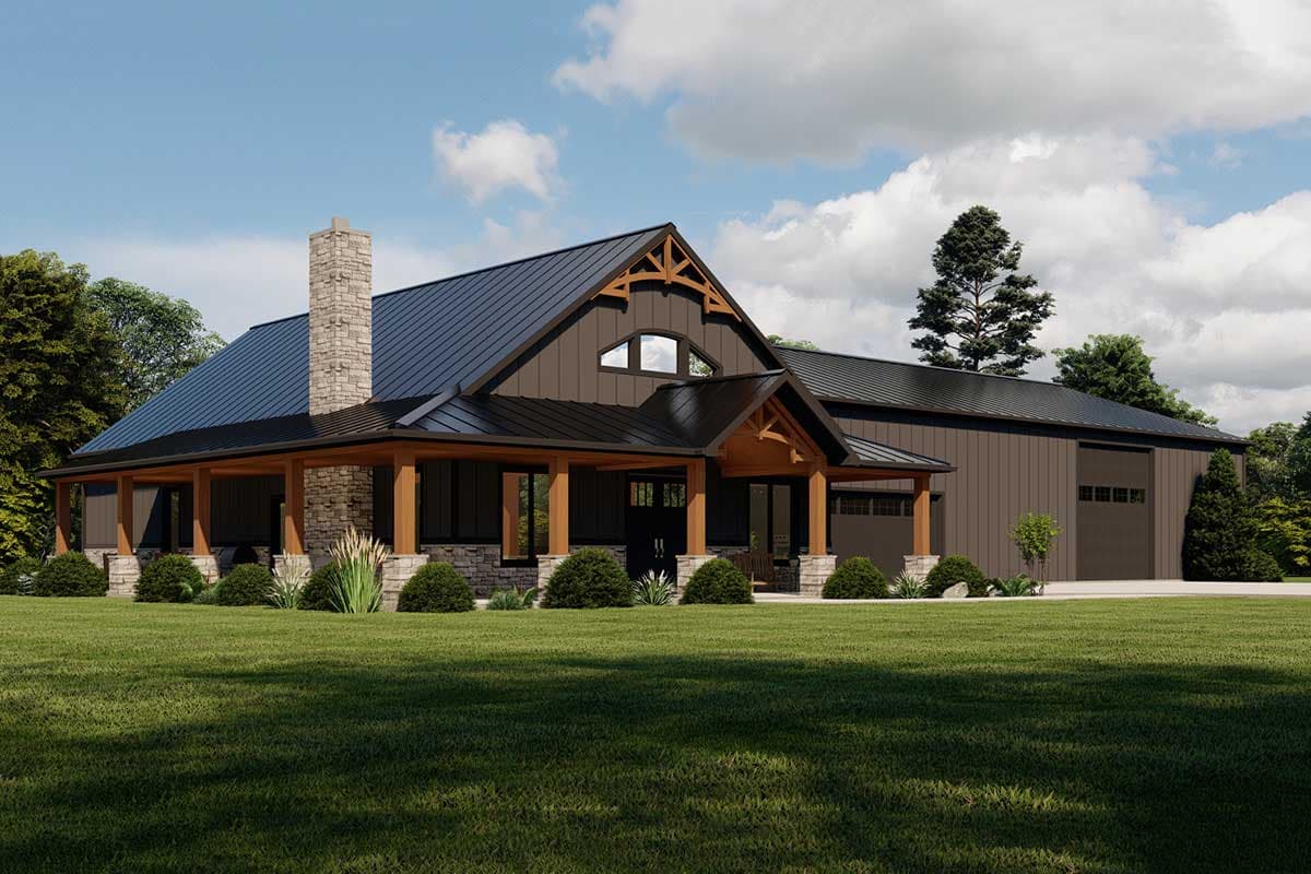 House plan exterior: Modern Farmhouse style with wrap-around porch, stone chimney, and attached garage.