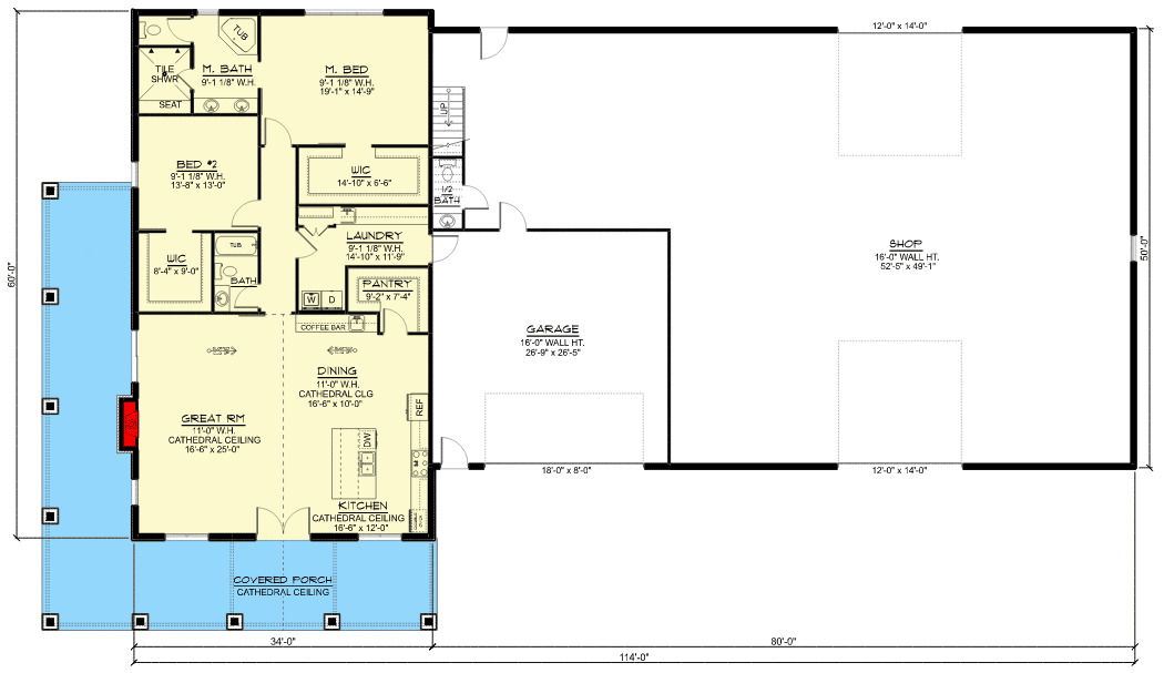 Plan 135159GRA: 2-Bed Barndominium with 4,000 Square Foot Garage / Shop with Drive-through RV Bay - Floor Plan - Main Level - Barndominium, Country, Rustic