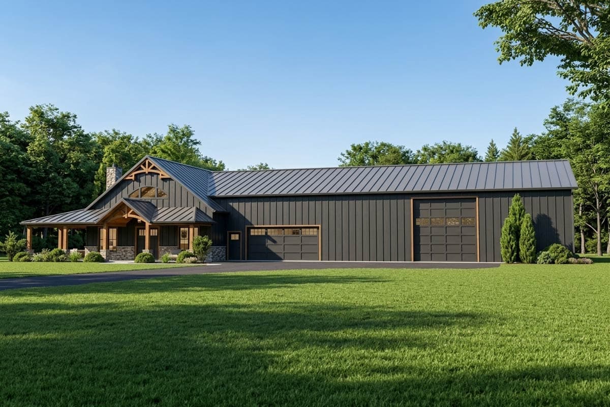 House plan exterior with Craftsman influences. Features include a covered porch, gable roof, and attached garage. Two story. Vertical siding.