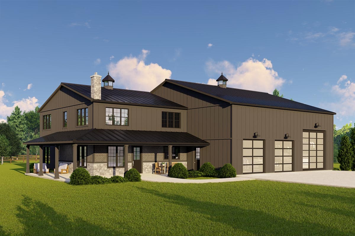 House plan exterior with two stories, a covered porch, board and batten siding, and a three-car garage.