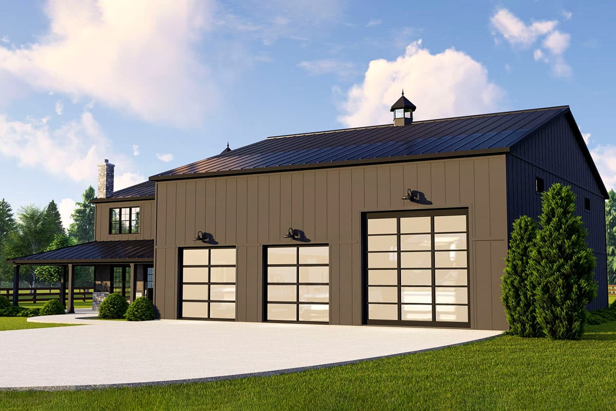 House plan exterior: Modern Farmhouse style, two stories, with a covered porch, stone chimney, and three glass panel garage doors.