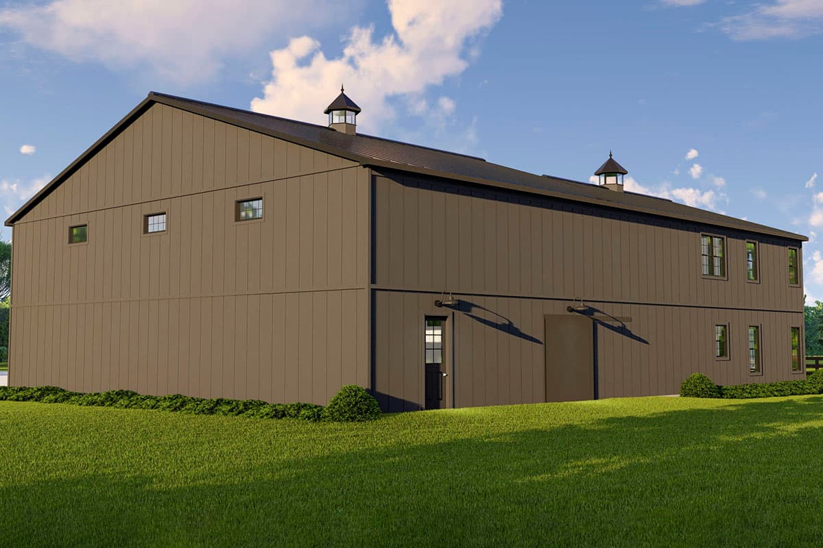 House plan exterior of a two-story building with vertical siding, a dark roof, and two cupolas.