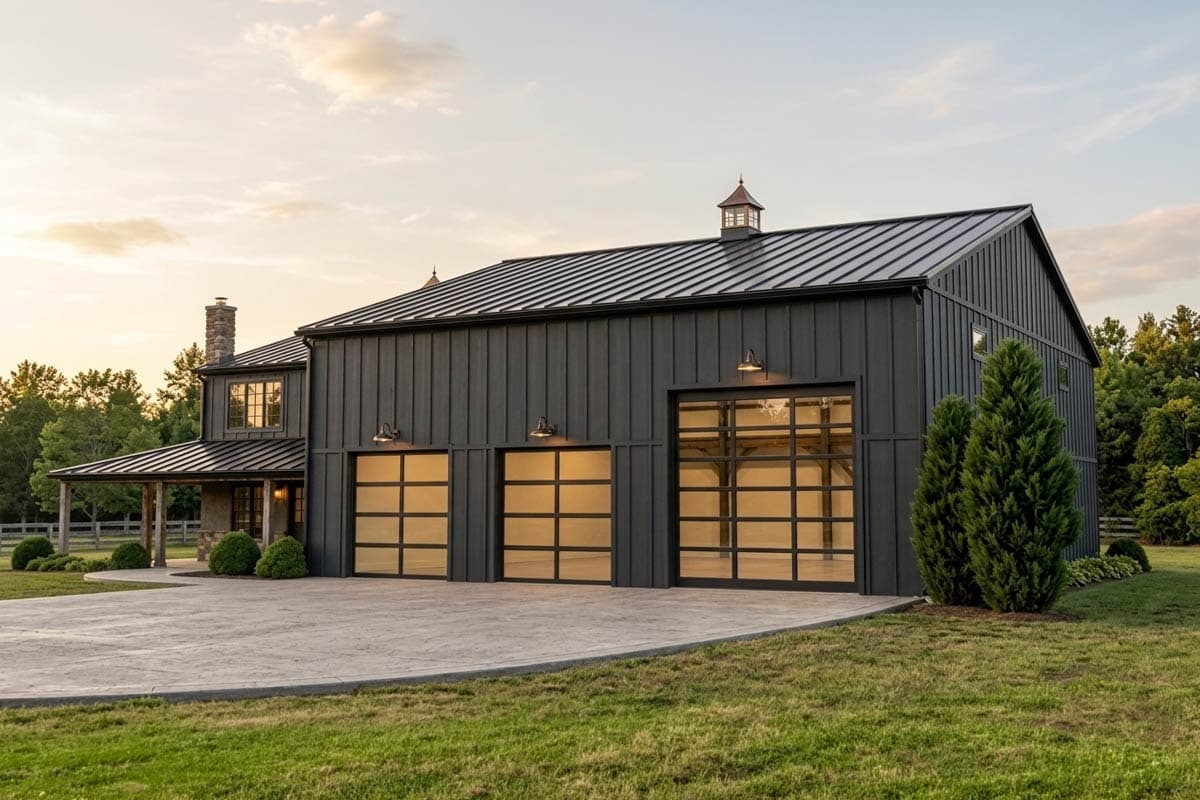 House plan exterior: Modern Farmhouse style, two stories, with a covered porch, stone chimney, and three glass panel garage doors.