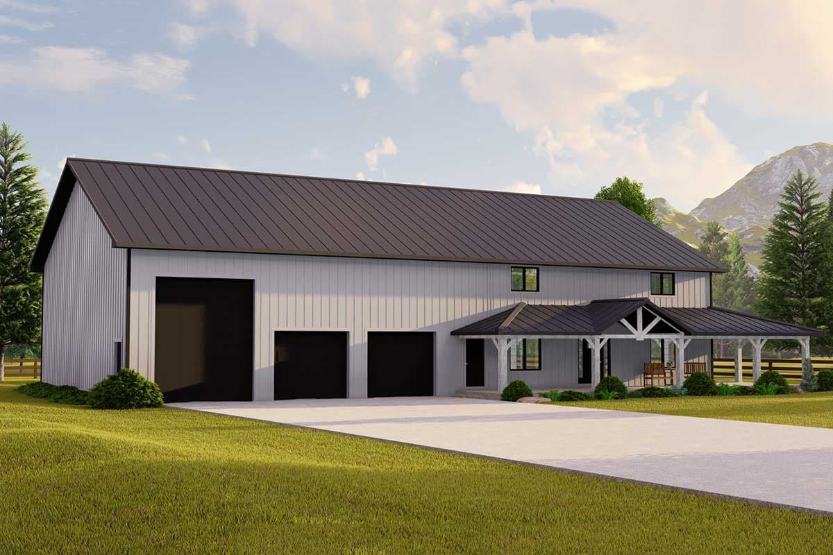House plan exterior with modern farmhouse style. Two-story house with three-car garage, covered porch with exposed beams, and dark roof.