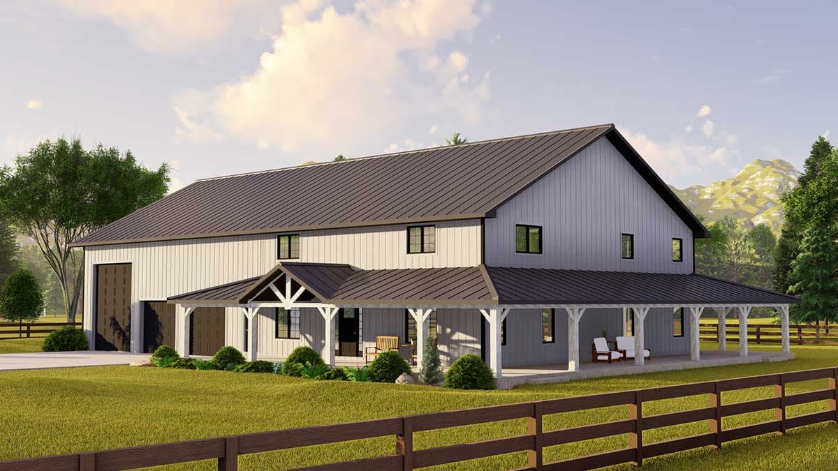 House plan exterior: Two-story modern farmhouse with wrap-around porch, metal roof, and large garage door.