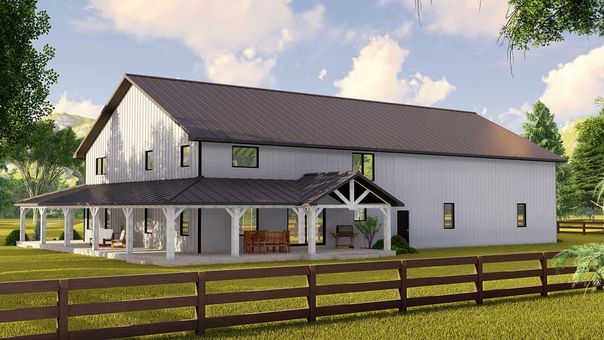 House plan exterior: Modern Farmhouse style, two stories, white vertical siding, wraparound porch, dark metal roof, gabled entrance.