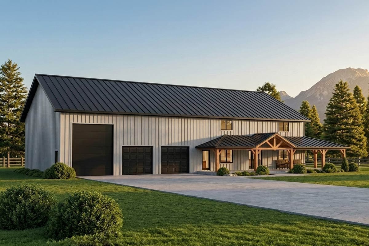 House plan exterior with modern farmhouse style. Two-story house with three-car garage, covered porch with exposed beams, and dark roof.