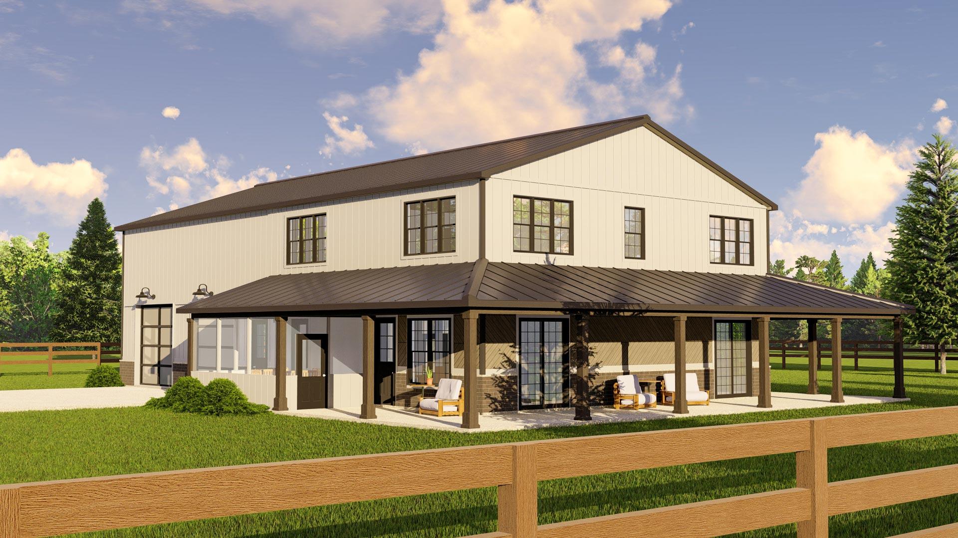 House plan exterior: two-story Modern Farmhouse with a wraparound porch, metal roof, and gable dormers.