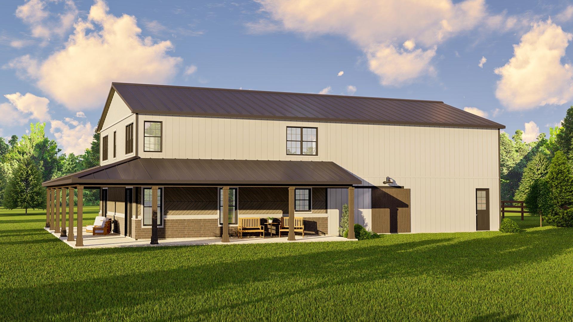 House plan exterior: Two-story Modern Farmhouse with wrap-around porch, metal roof, and vertical siding.