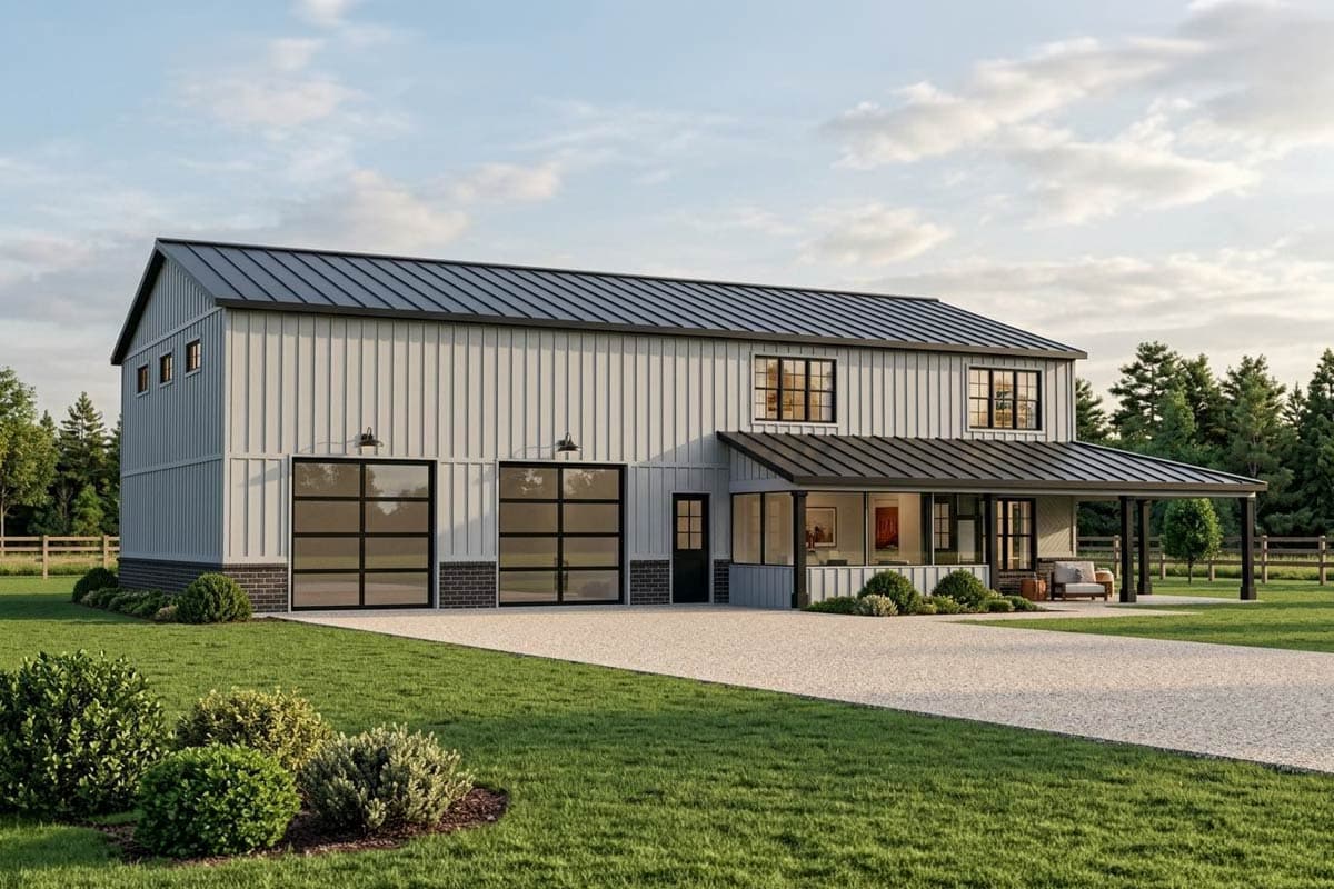 House plan exterior. Two-story structure with a metal roof. Features include a covered porch, two garage doors, and a combination of siding and brick.
