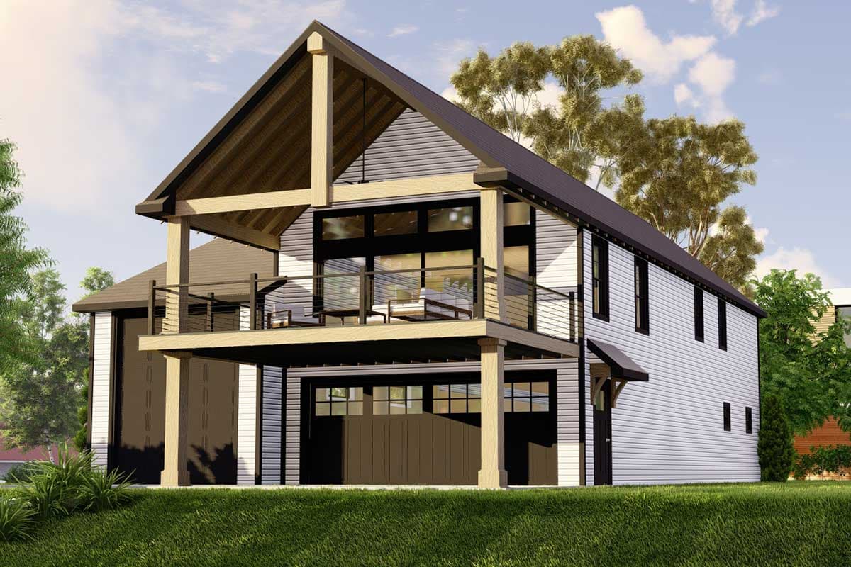House plan exterior with two stories. Features a gabled roof, open second-story deck, exposed wood beams, and a garage.