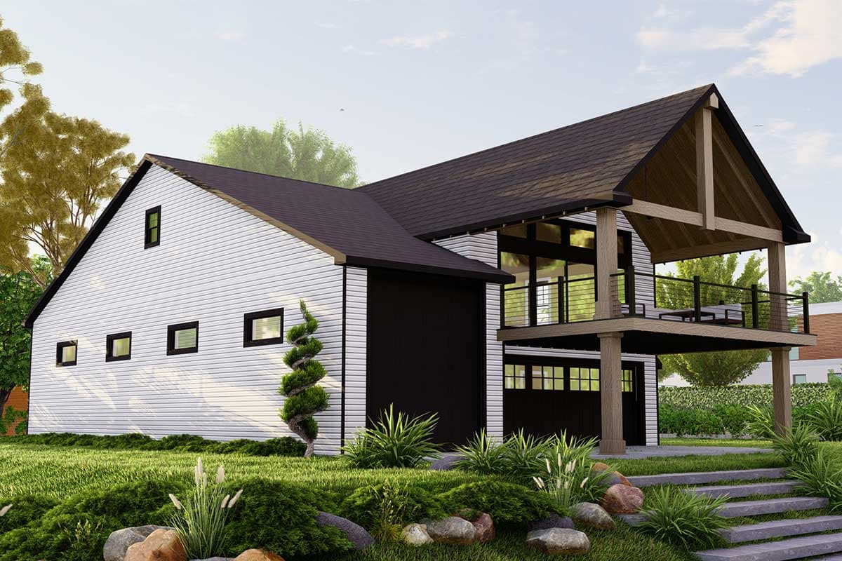 Modern house plan exterior with white siding, large garage doors, exposed wood beams, and a second-story balcony.