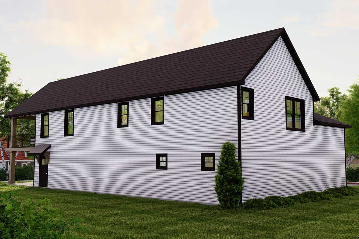 Two-story house plan exterior with white horizontal siding, dark roof, black-framed windows, and a covered entrance.