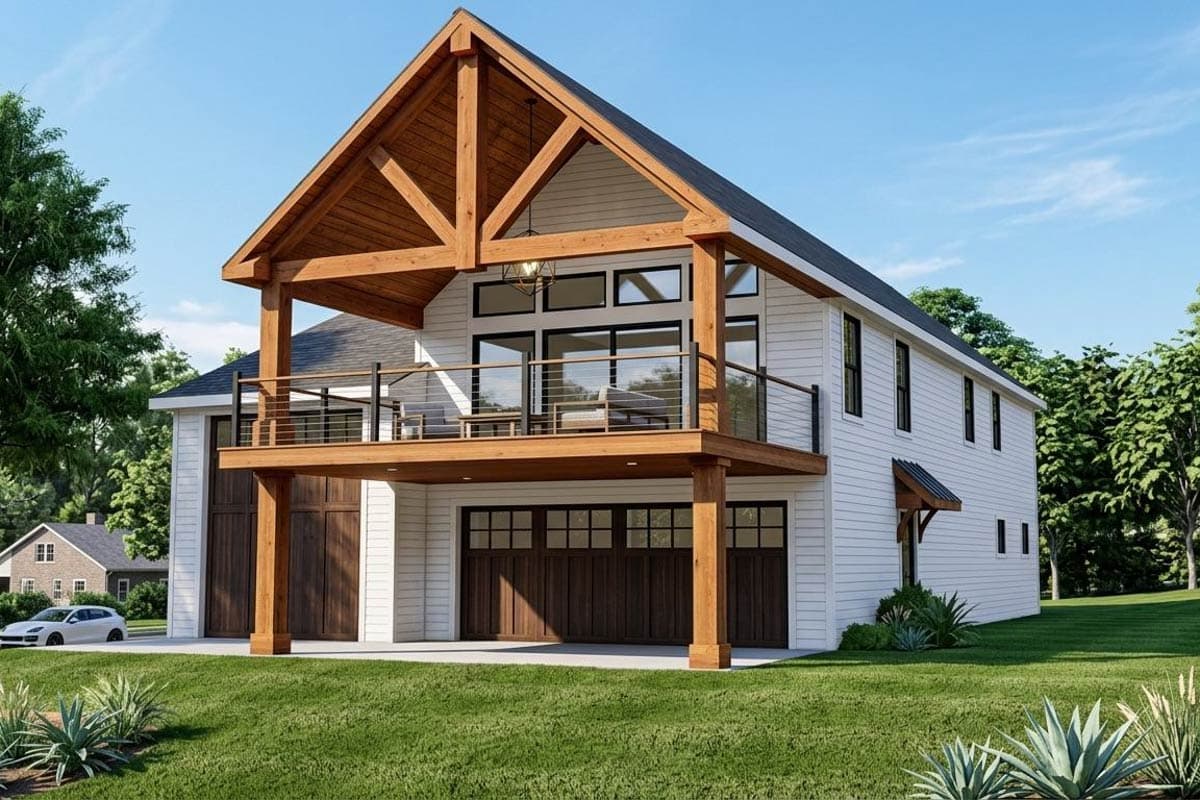 House plan exterior with two stories. Features a gabled roof, open second-story deck, exposed wood beams, and a garage.