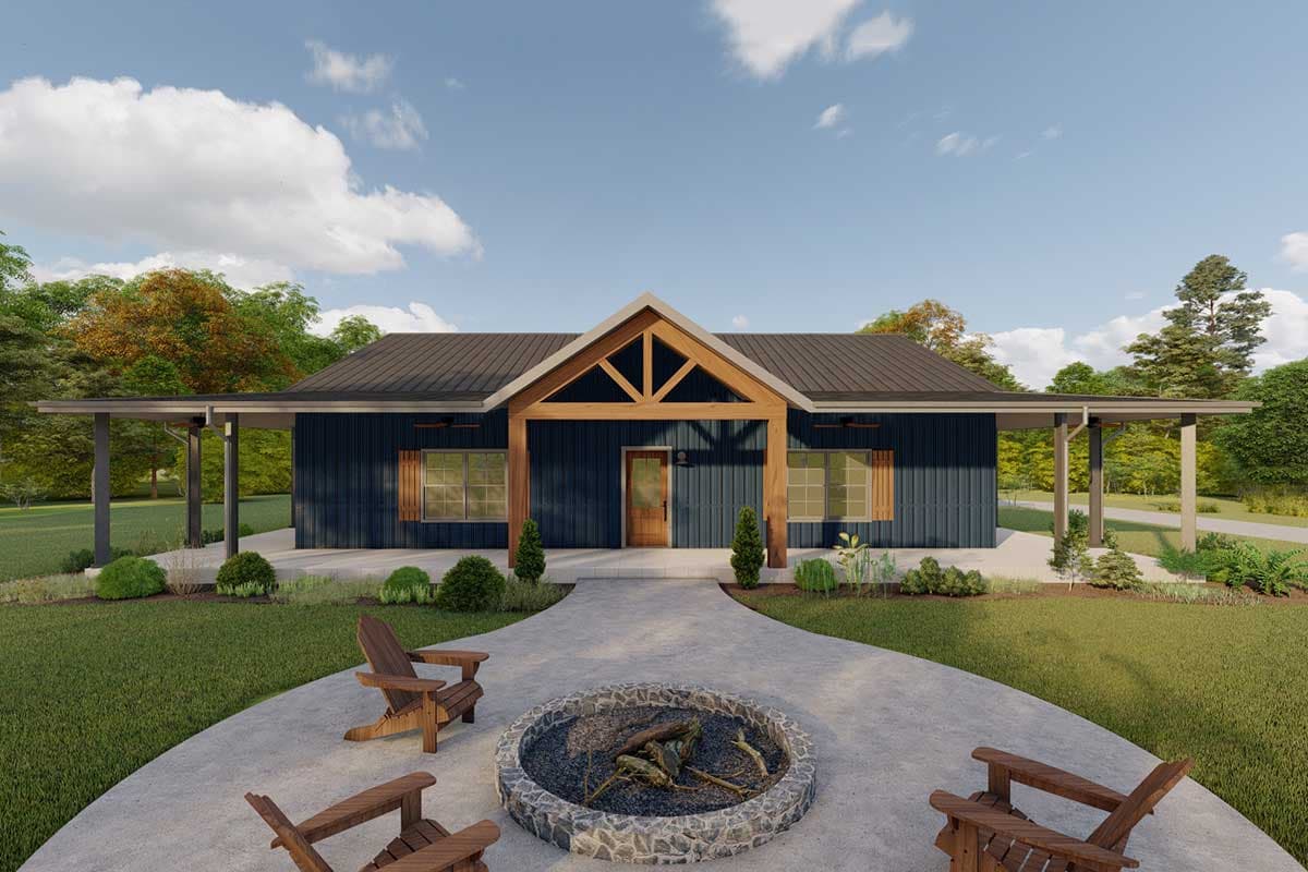 House plan exterior. One-story structure with a metal roof, front porch with wooden beams, and gabled entry. Outdoor fireplace and seating visible.