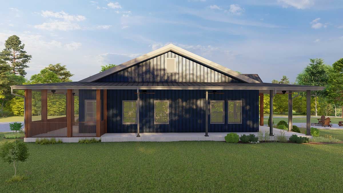 House plan exterior: single-story Modern Farmhouse with wrap-around porch, metal siding, and prominent gable.