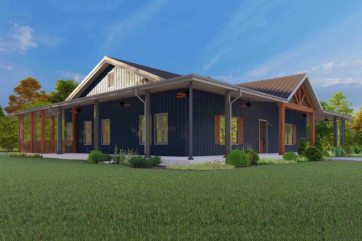 Modern Farmhouse house plan exterior with wraparound porch, metal siding, gables, and exposed wood beams.
