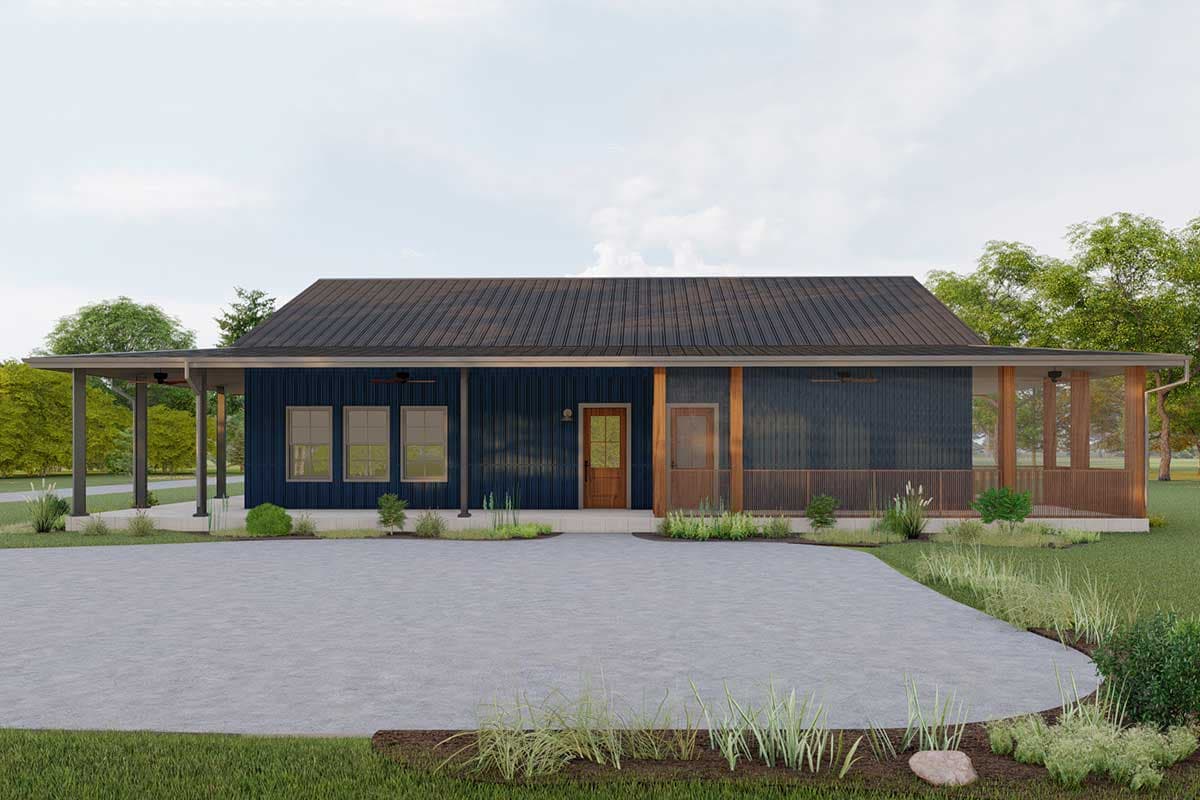 House plan exterior: One-story modern home with a metal roof, covered front porch, screened-in porch, and vertical siding.