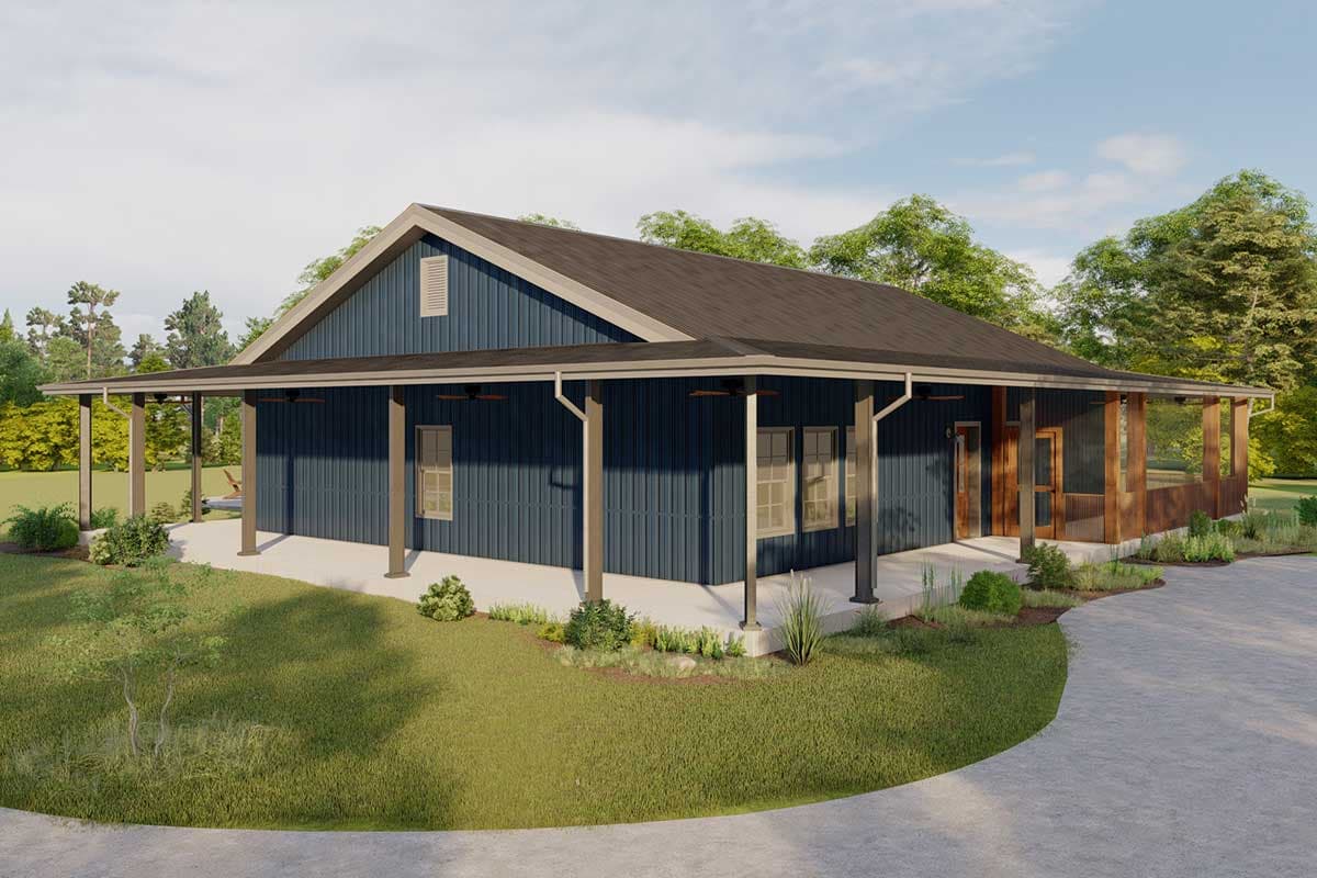 House plan exterior of a one-story Modern Farmhouse with a wraparound porch, gable vents, and vertical siding.