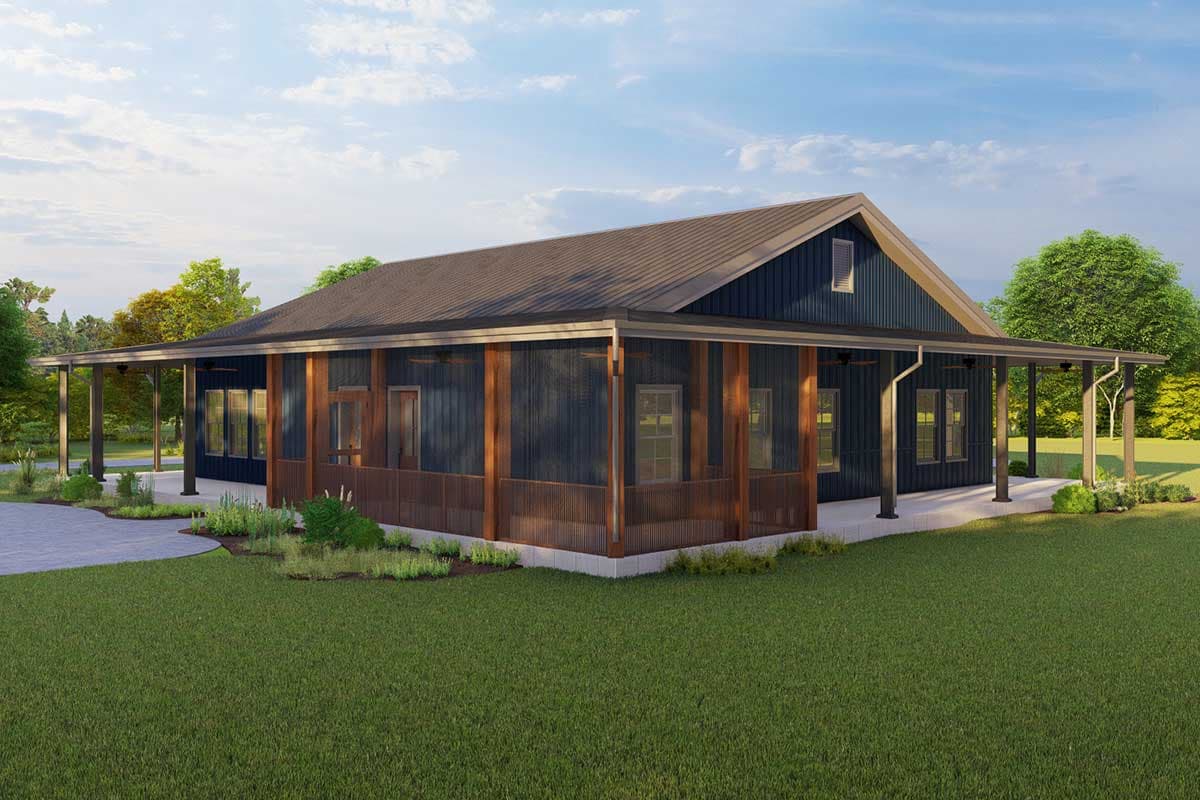 House plan exterior: One-story Modern Farmhouse with wraparound porch, metal roof, and vertical siding.